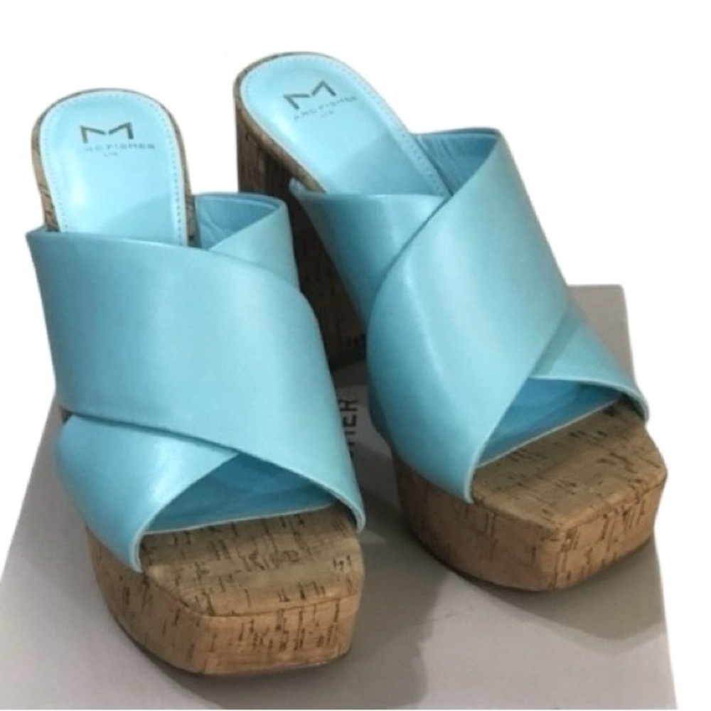 Marc Fisher Farlow Aqua Crisscross Platform High Cork Heel Sandals sz 8.5 - Picture 2 of 9