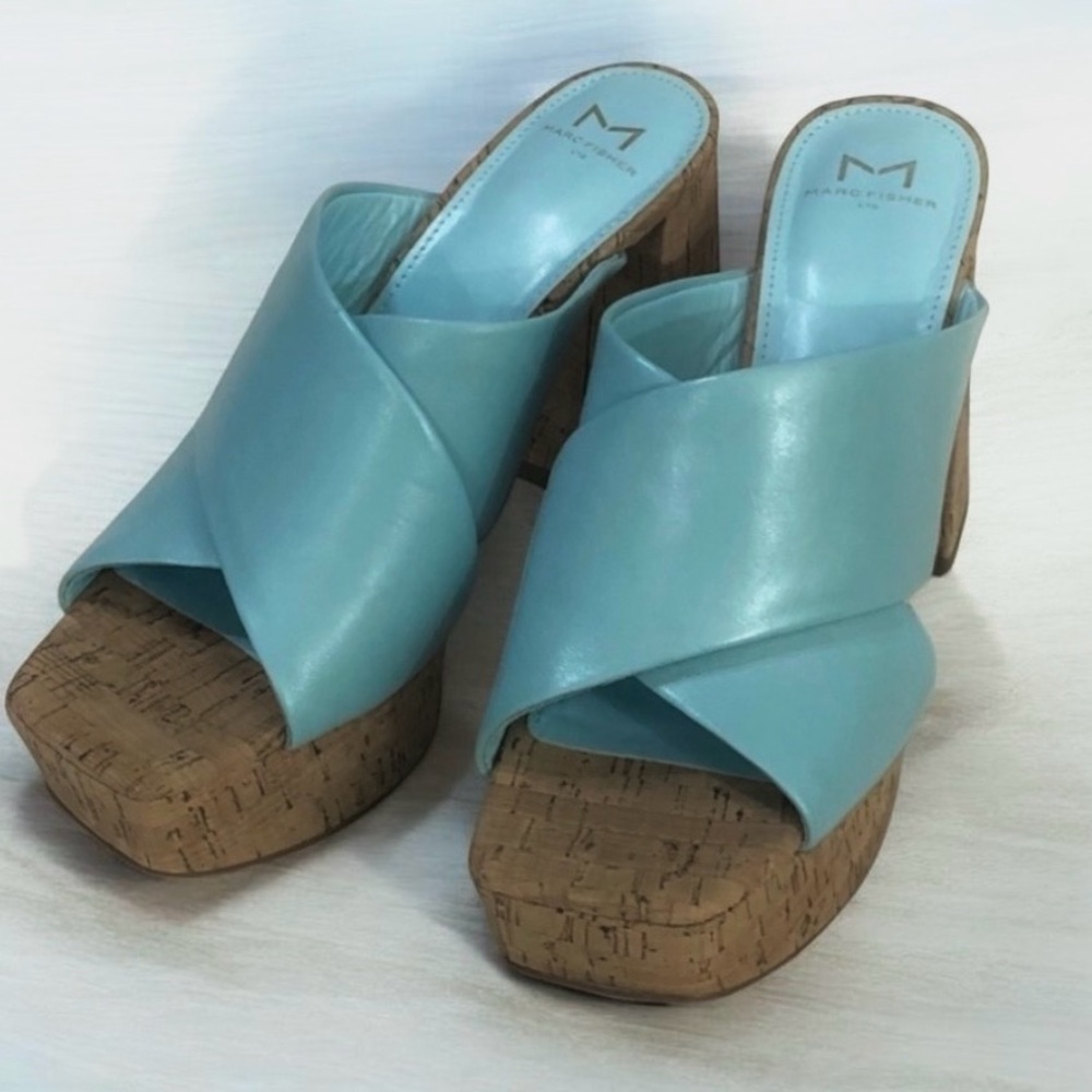 Marc Fisher Farlow Aqua Crisscross Platform High Cork Heel Sandals sz 8.5 - Picture 3 of 9