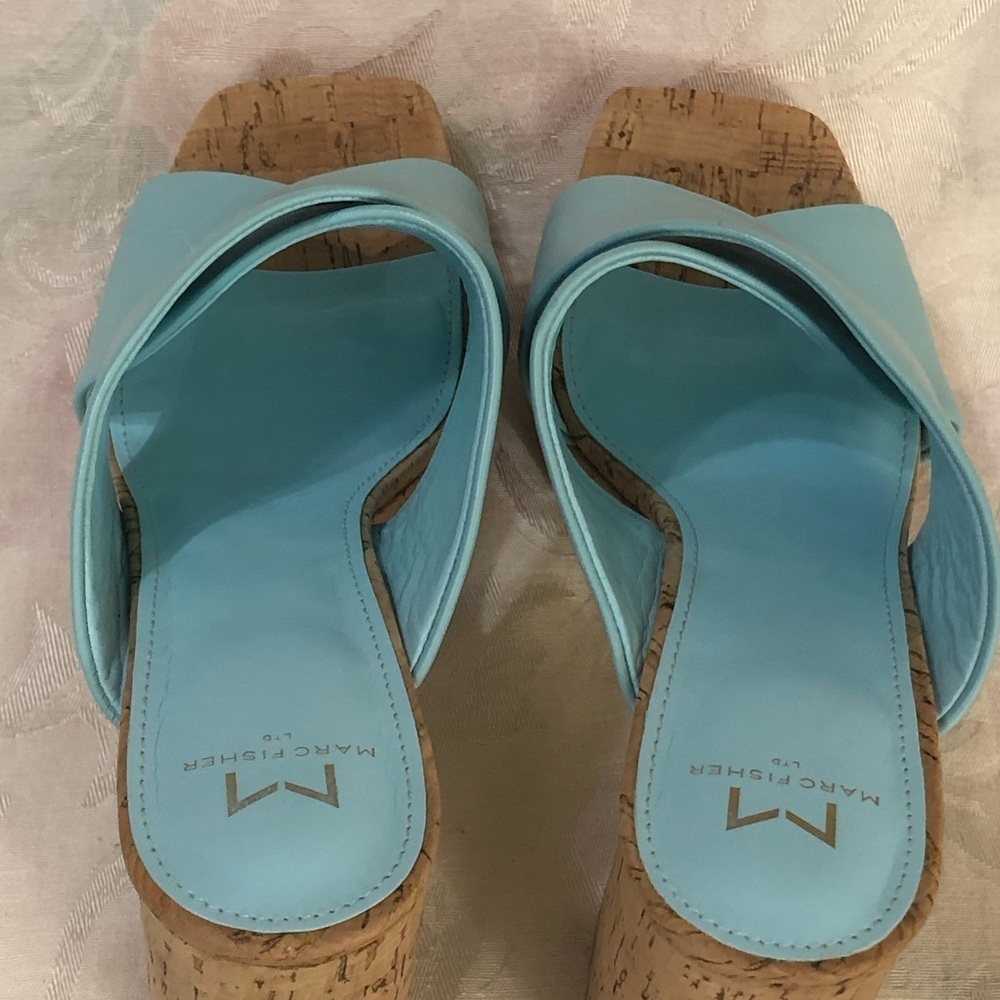 Marc Fisher Farlow Aqua Crisscross Platform High Cork Heel Sandals sz 8.5 - Picture 4 of 9