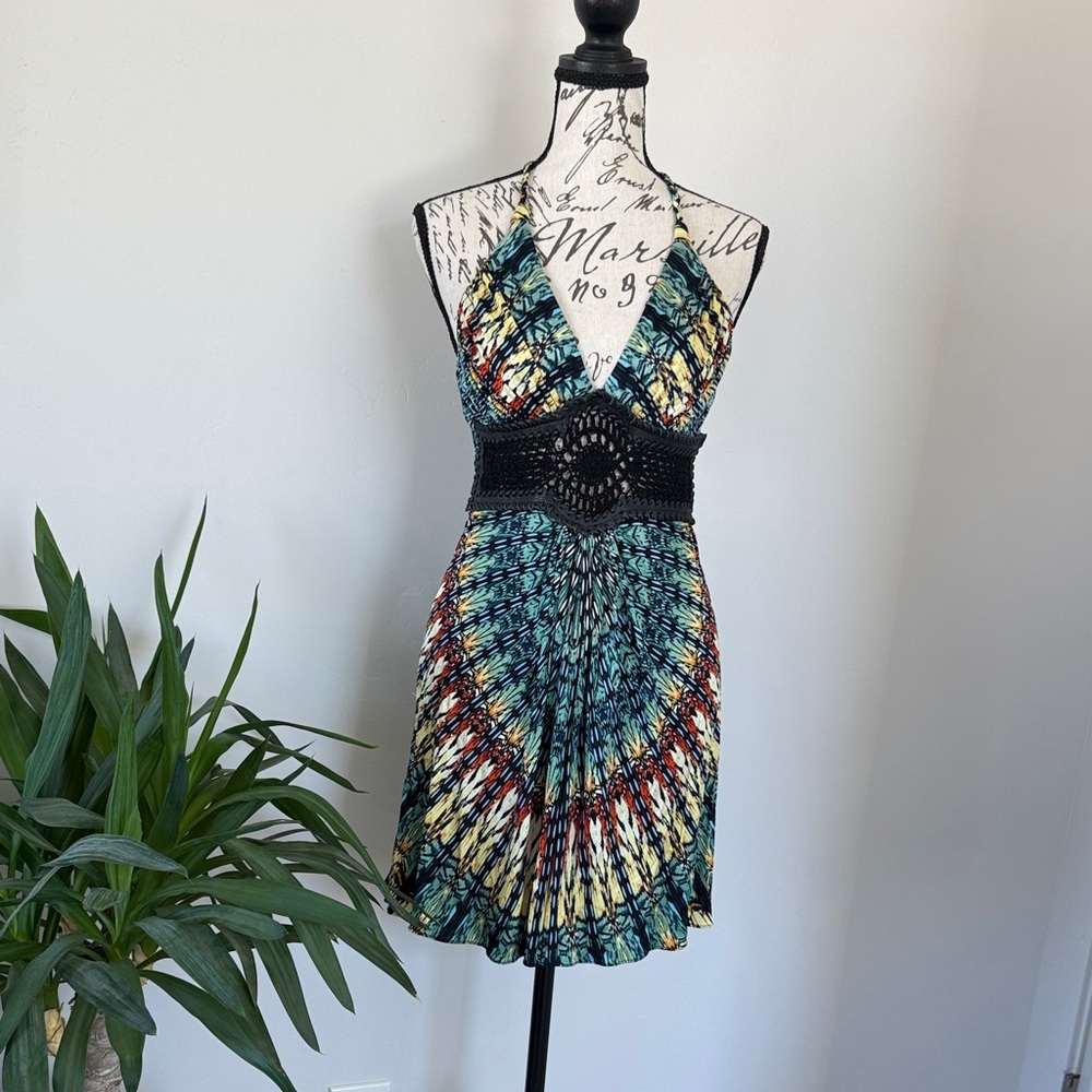 Sky Multicolor Halter Mini Dress with Black Crochet Waist