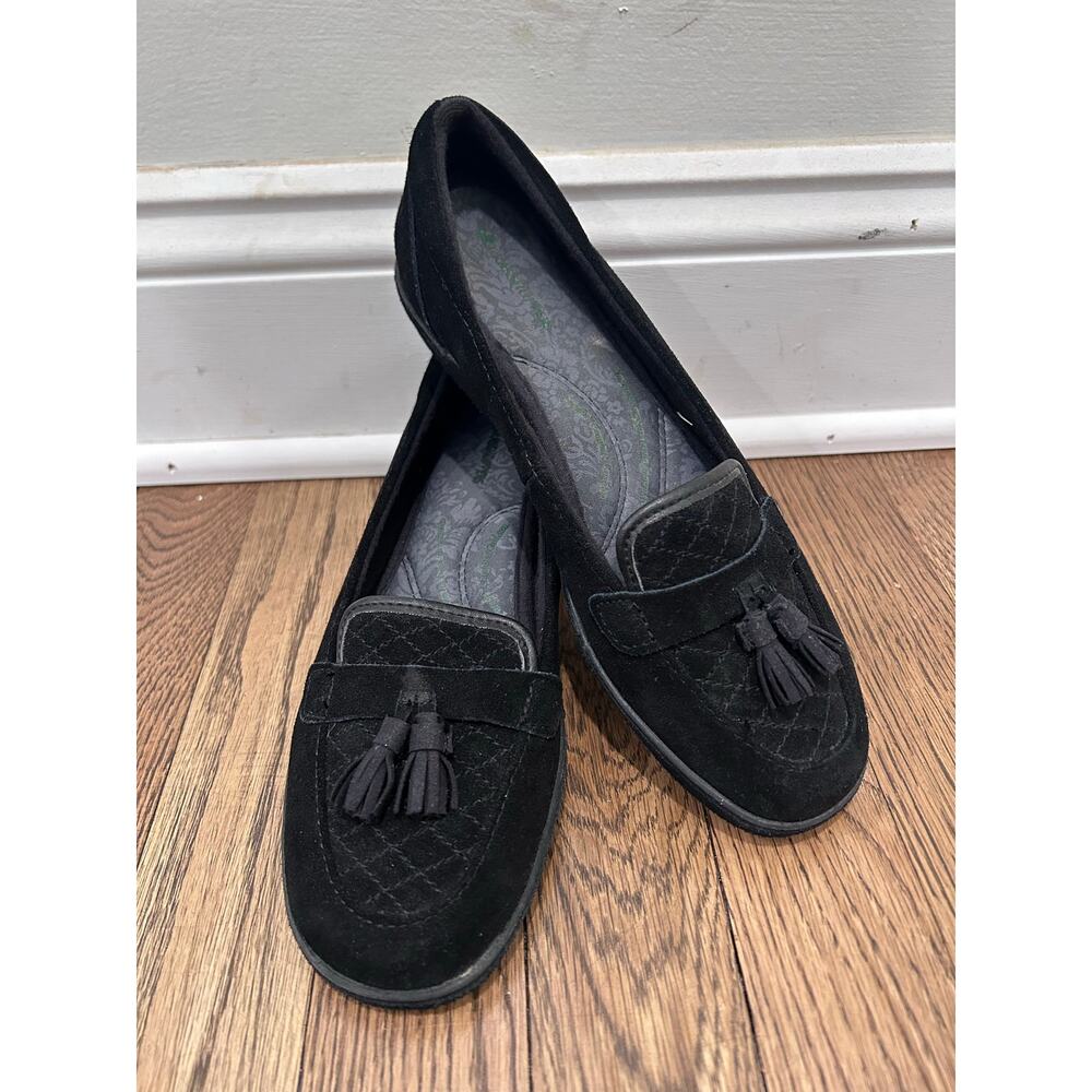 Grasshoppers Women 7N Black Suede Quilted Tassel Loafers Comfy Preppy Academia