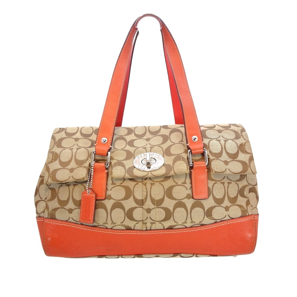 Coach Satchel Women Medium Khaki Orange Signature Canvas Turn-lock