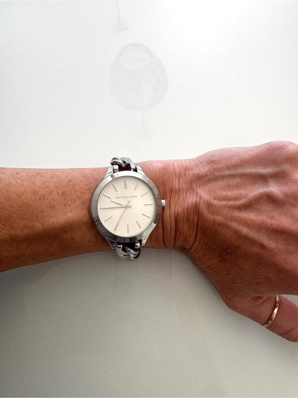 Michael Kors Slim Runway Silver Chain Link Bracelet Watch White Dial Women’s