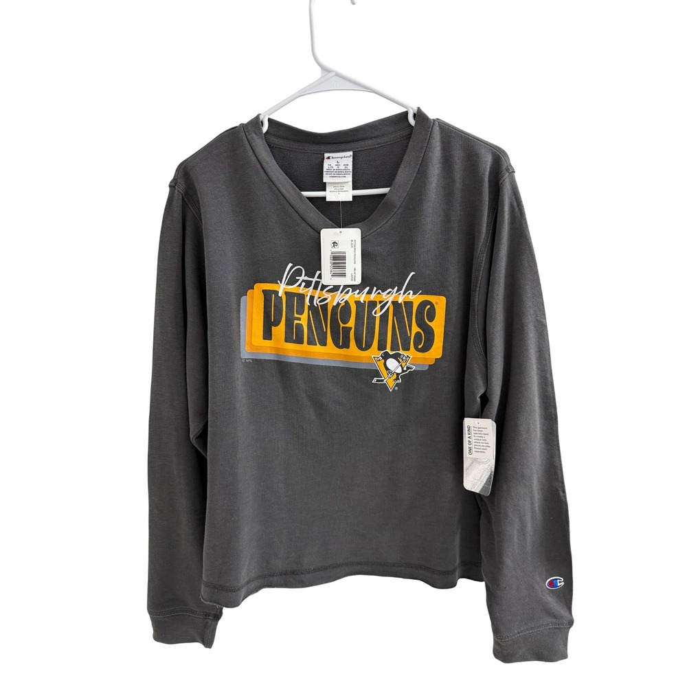 Champion NHL Pittsburgh Penguins Sweatshirt Gray Raw Hem Pullover Large NEW