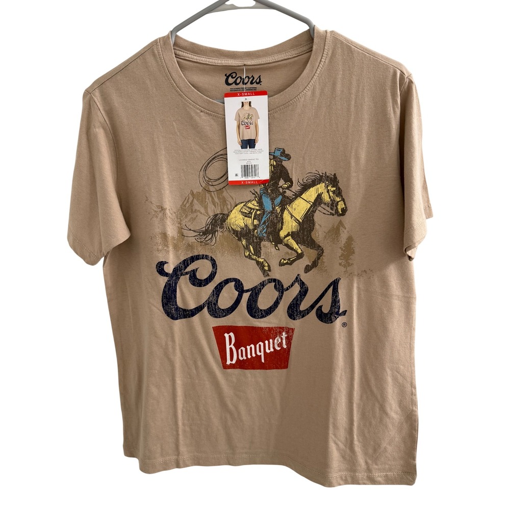 Coors Banquet Graphic Tee Tan Cowboy Horse Western T-Shirt XS NWT