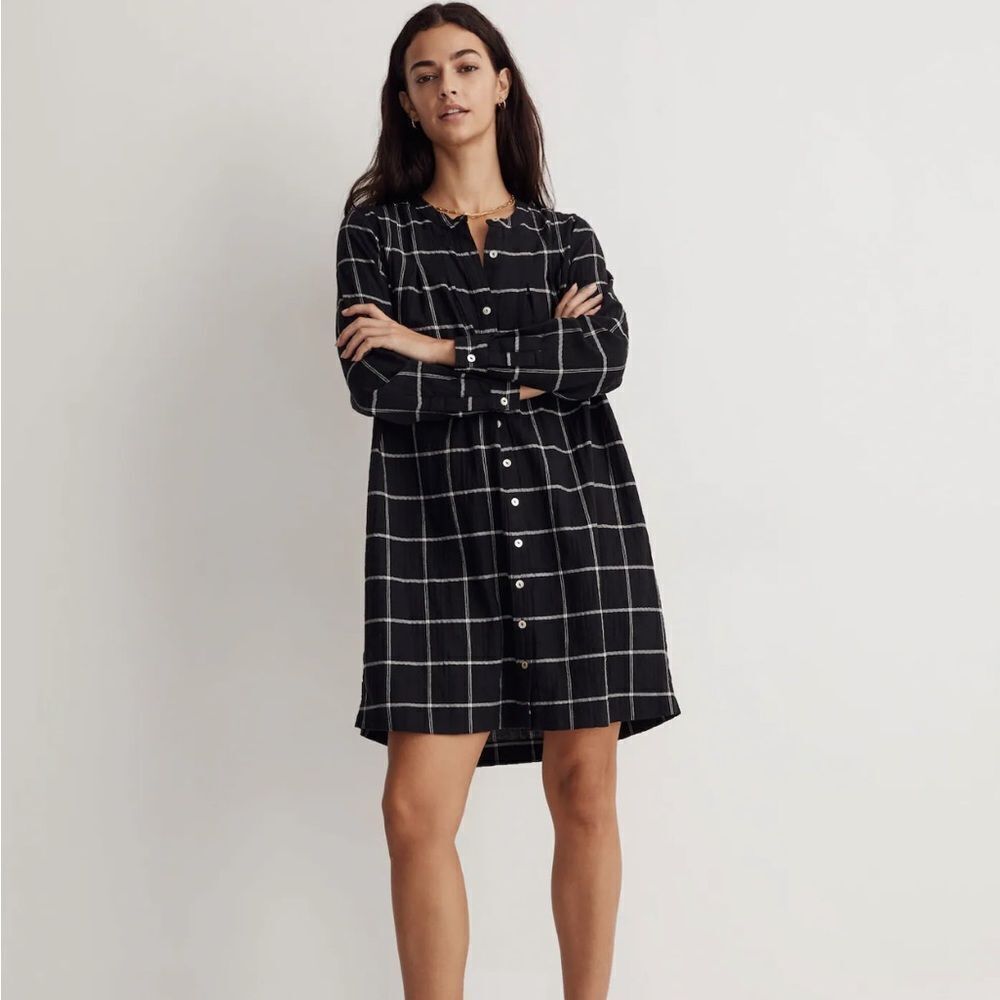 Madewell Collarless Shirtdress in Windowpane