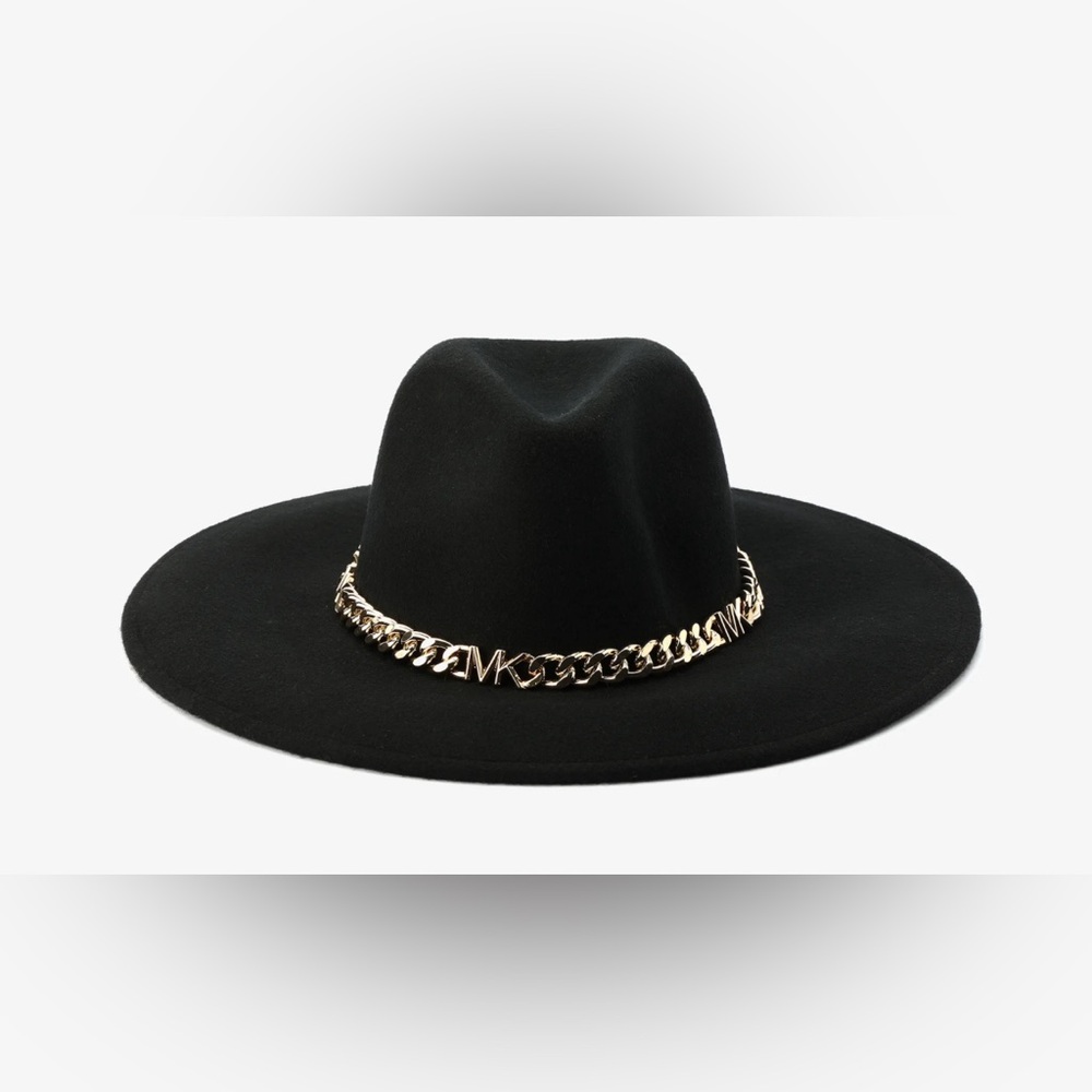 Michael Kors Women's Black Felted Wool Fedora with gold Chain Band