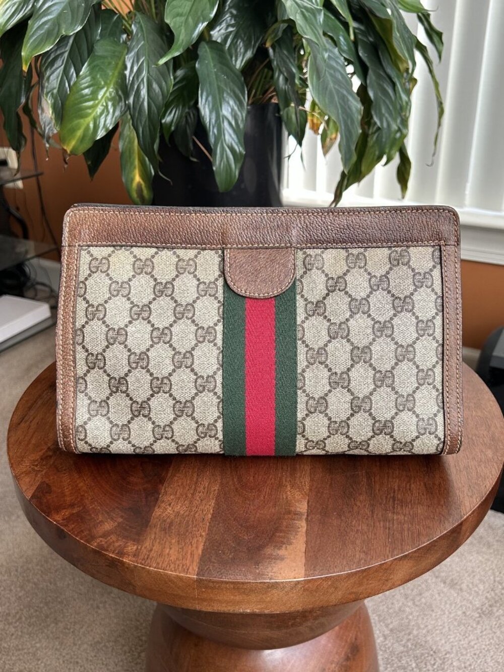 GUCCI GG Supreme Web Sherry Line Clutch Pouch, Brown, Taupe