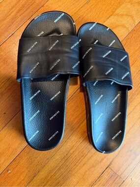 Balenciaga Black Logo Slide Sandals with Repeating White Print