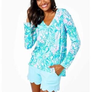Lilly Pulitzer Etta Long Sleeve Top Blue Ibiza Aqua La Vista Women's Small