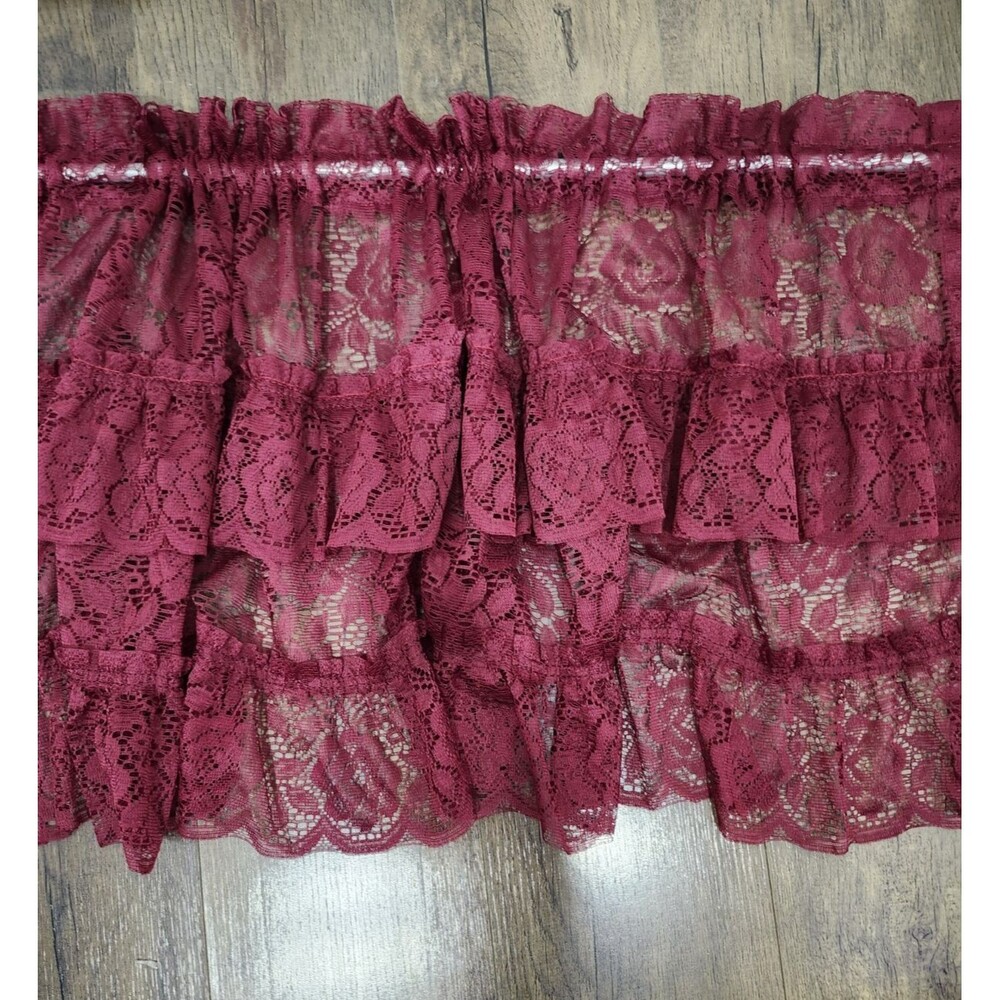 Burgundy Lace Swag Valance Floral Cottage Country Victorian Double Ruffle