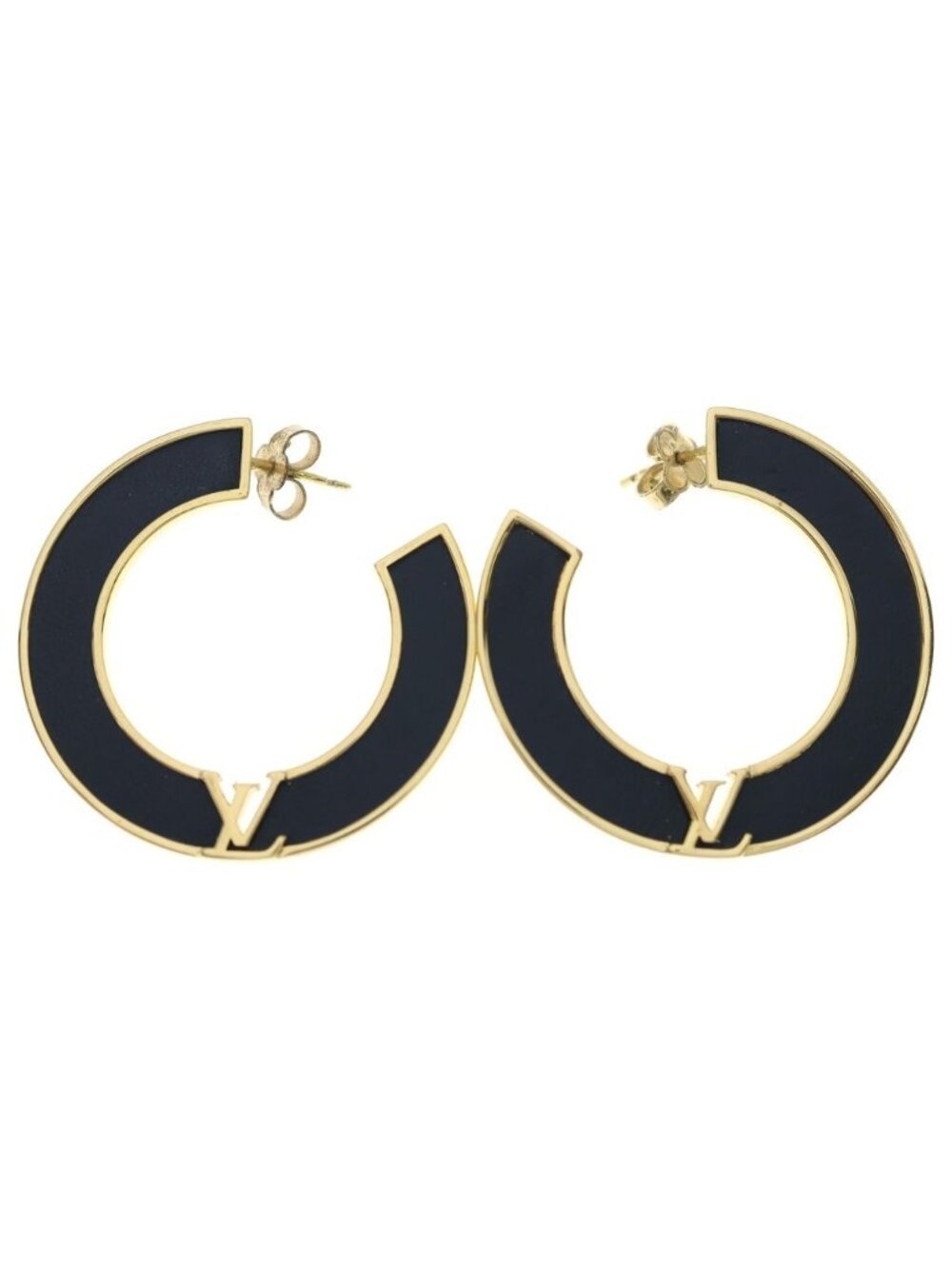 Louis Vuitton LV Round Earrings Black Gold Leather