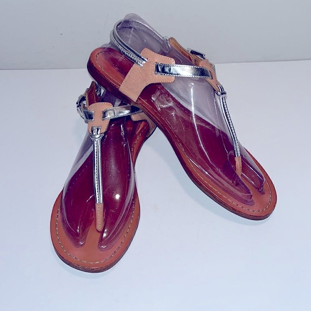 Coach silver & tan leather thong sandals