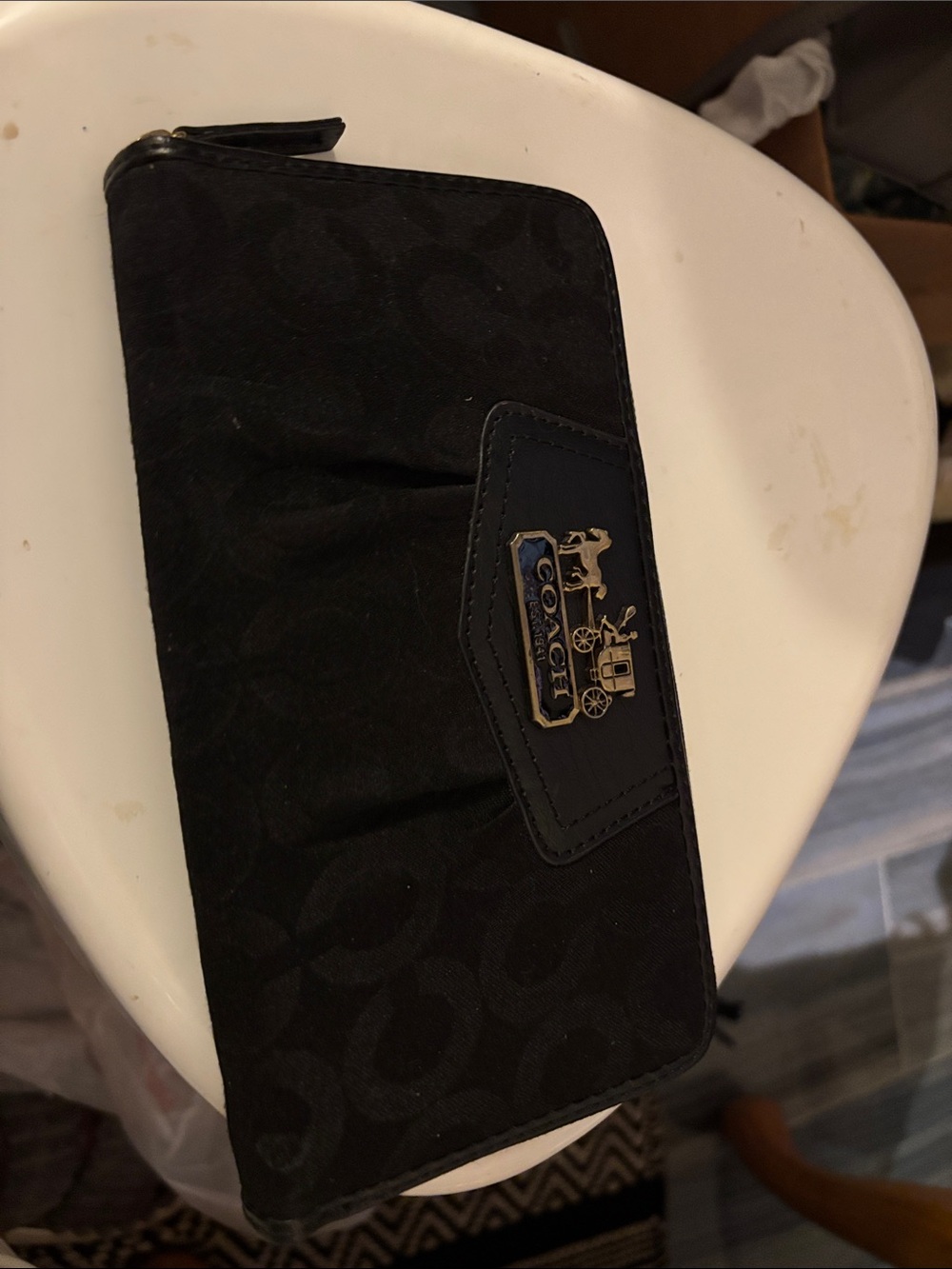 Coach Black Signature Zip Phone Wallet with Metal Logo