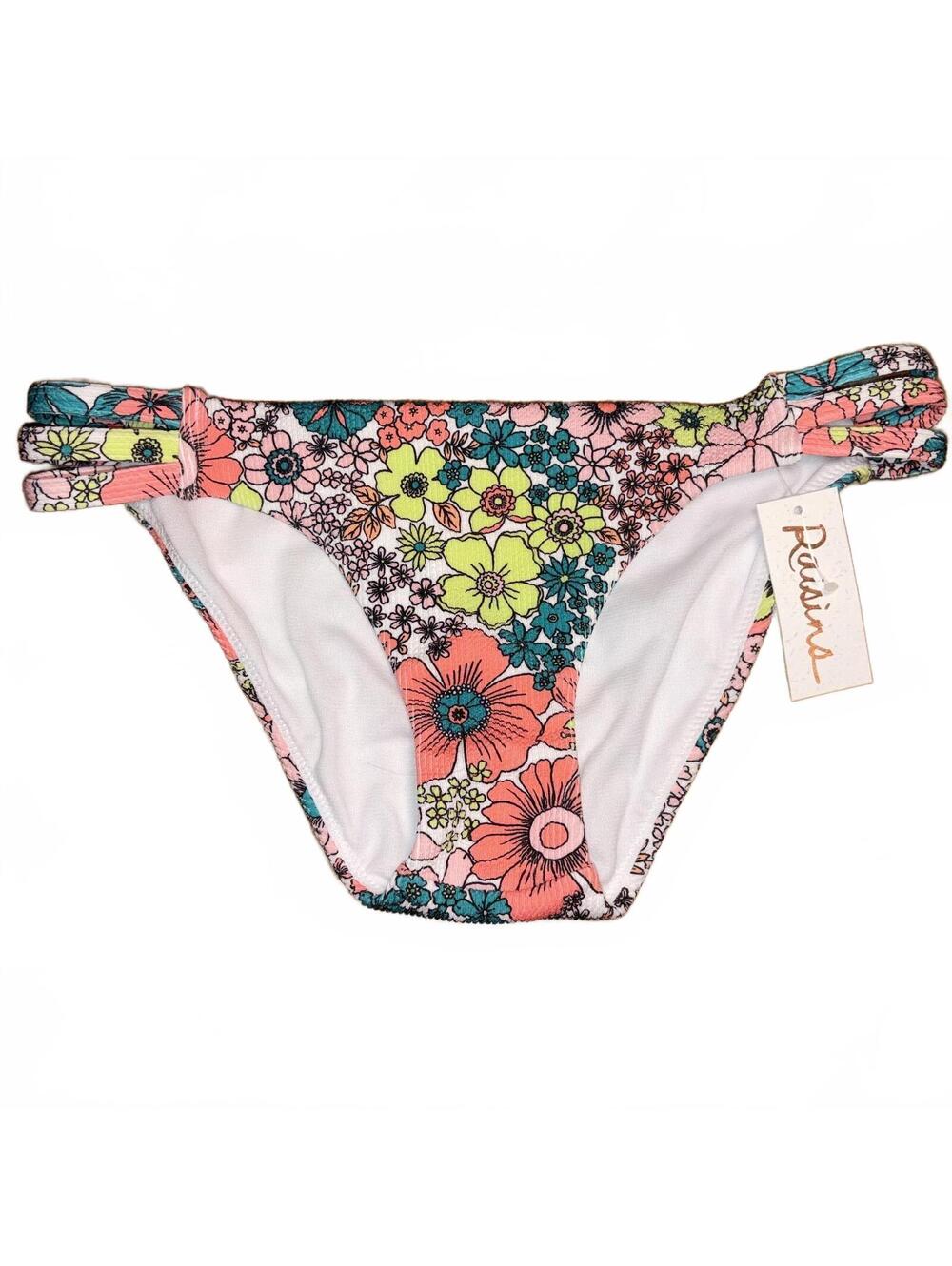 NWT Raisins Coral Pink Yellow Floral Bikini Bottom XS Summer Swim Strappy