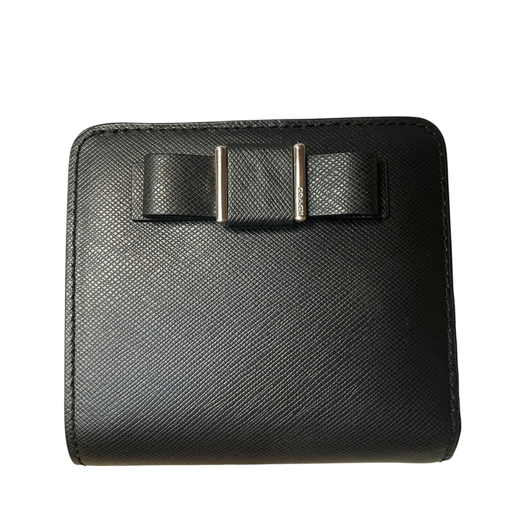 COACH Black Darcy Bow Bifold Saffiano Leather Mini Wallet Silver Snap Zip