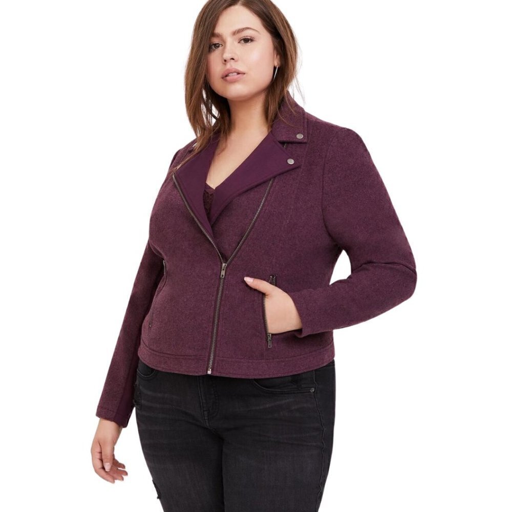 Torrid Purple Moto Jacket EUC 2X Stretch Knit Full Zip Flannel Coat Cozy Sexy