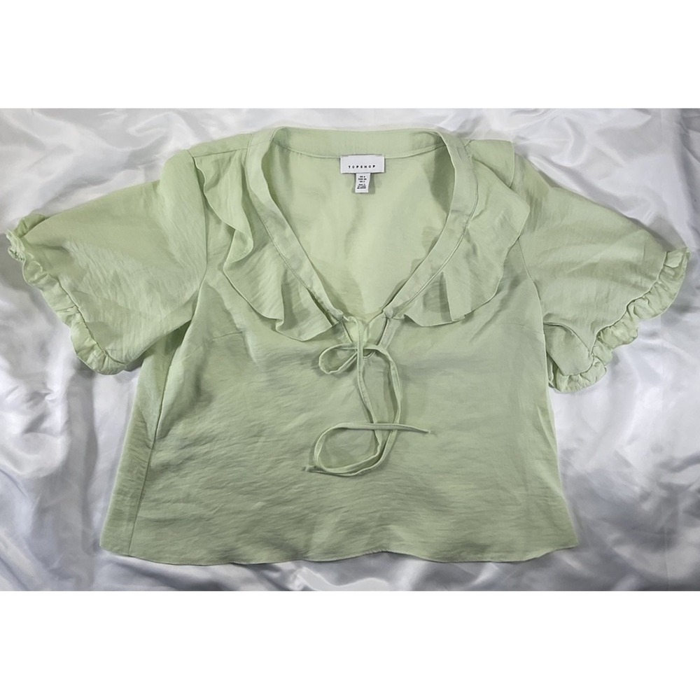 TOP SHOP Frill Short Sleeve Lime Green Keyhole Blouse Women's Sz 2 Top 244