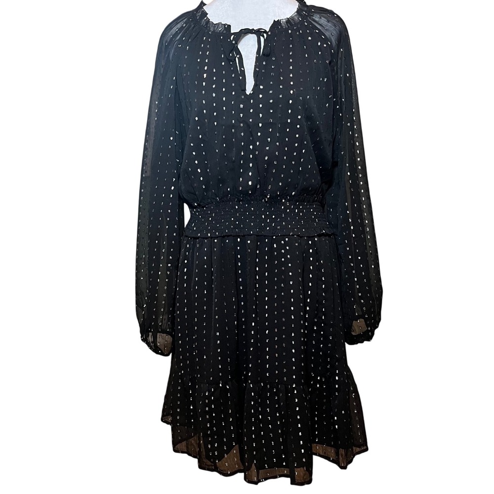❤️NWOT Old Navy Dress XXL Black‎ Silver Metallic Sheer Long Sleeve Party Ruffle