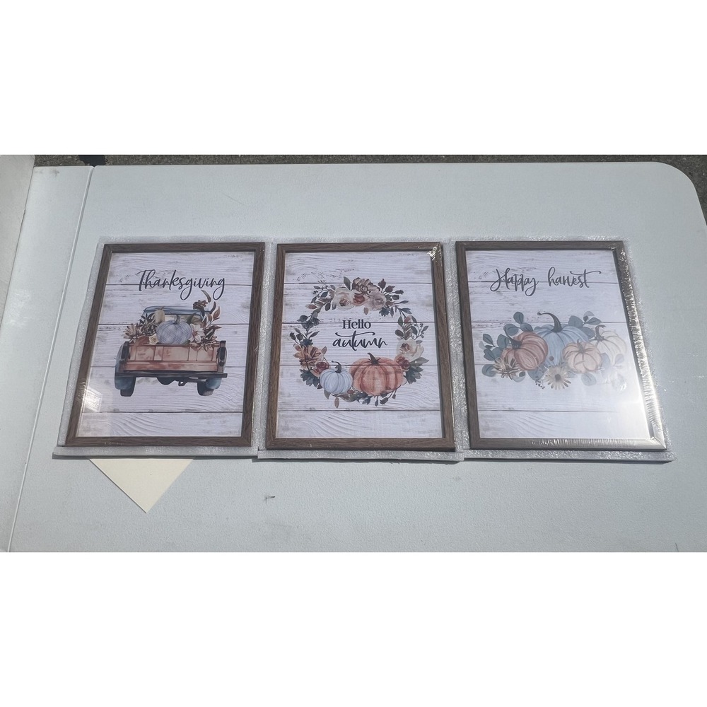 ArtbyHannah 3 Pack 11x14 Fall Autumn Thanksgiving Harvest Framed Wall Art Prints