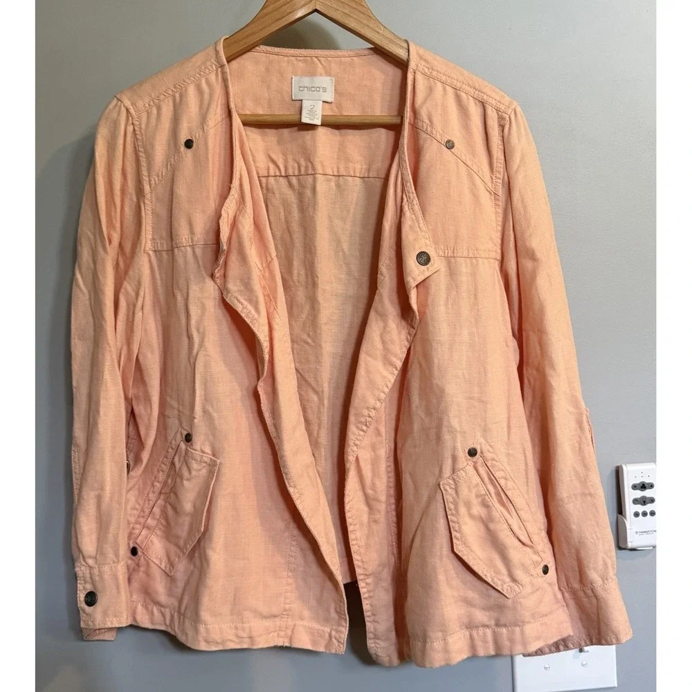 Chicos Jacket 100% Linen Open Moto Style Women's Size 2 - Picture 1 of 7