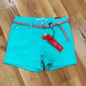 CELEBRITY PINK Girls Turquoise Aqua Cuffed‎ Shorts With Pink Belt Size 10 New