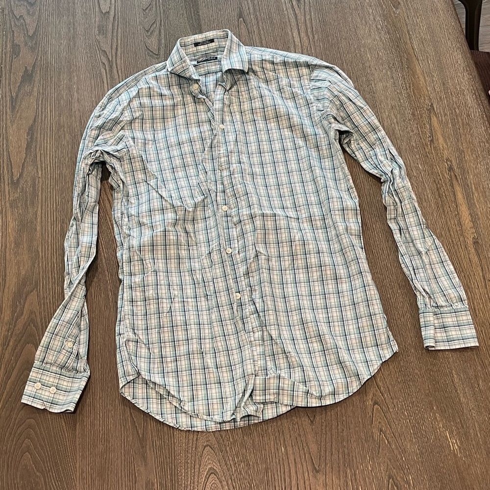1901 Trim Fit Button Front Dress Shirt Cotton Green White Plaid Size 15 34-35