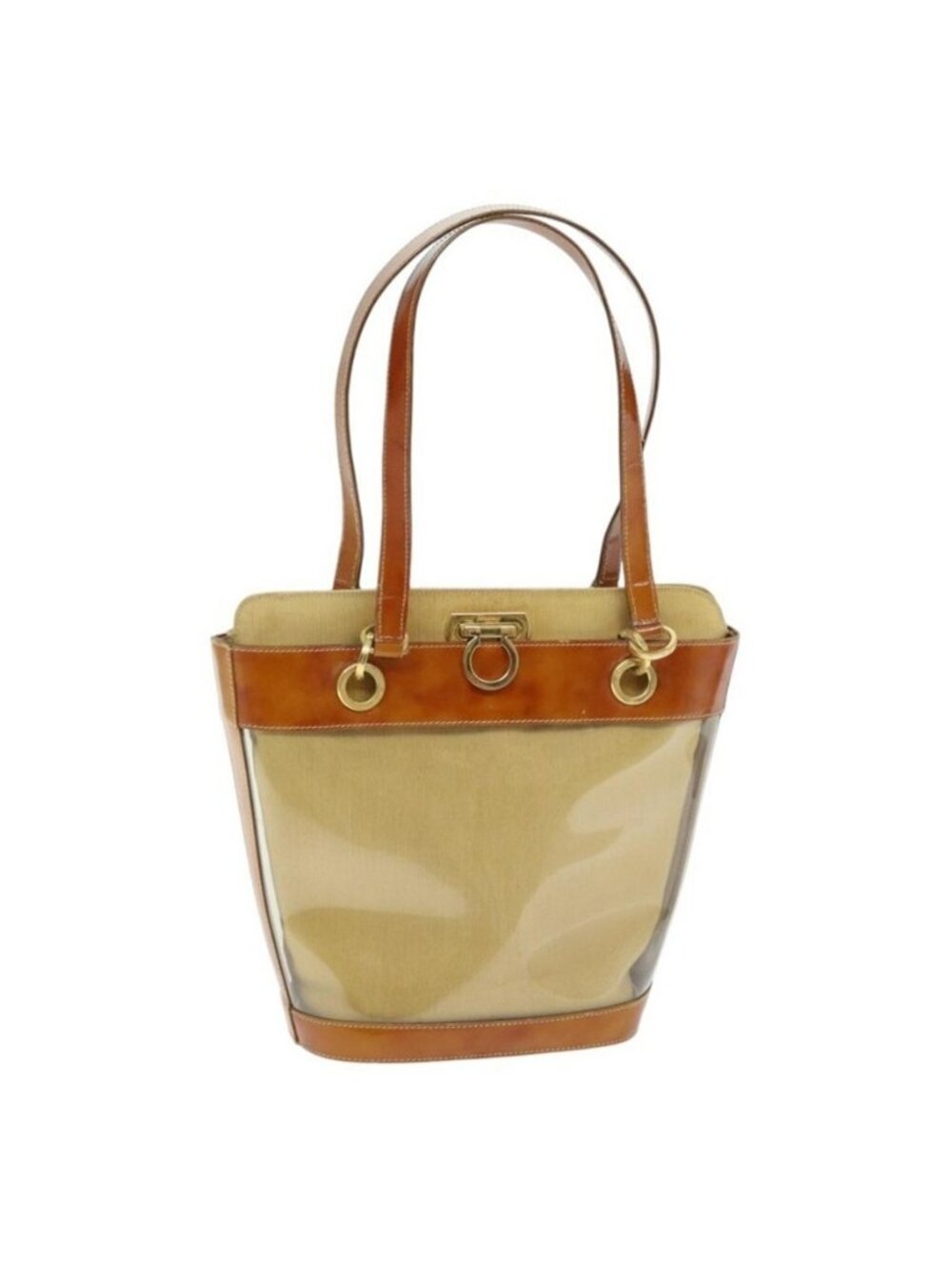 Authentic Salvatore Ferragamo Gancini Shoulder Bag Vinyl Beige Orange