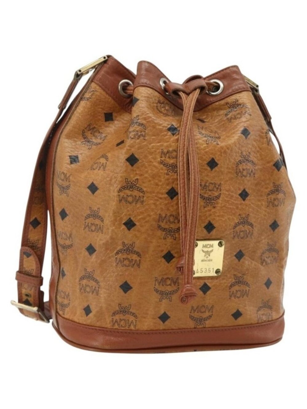 Authentic MCM Vicetos Logogram Drawstring Bag Bag PVC Leather Brown Gold