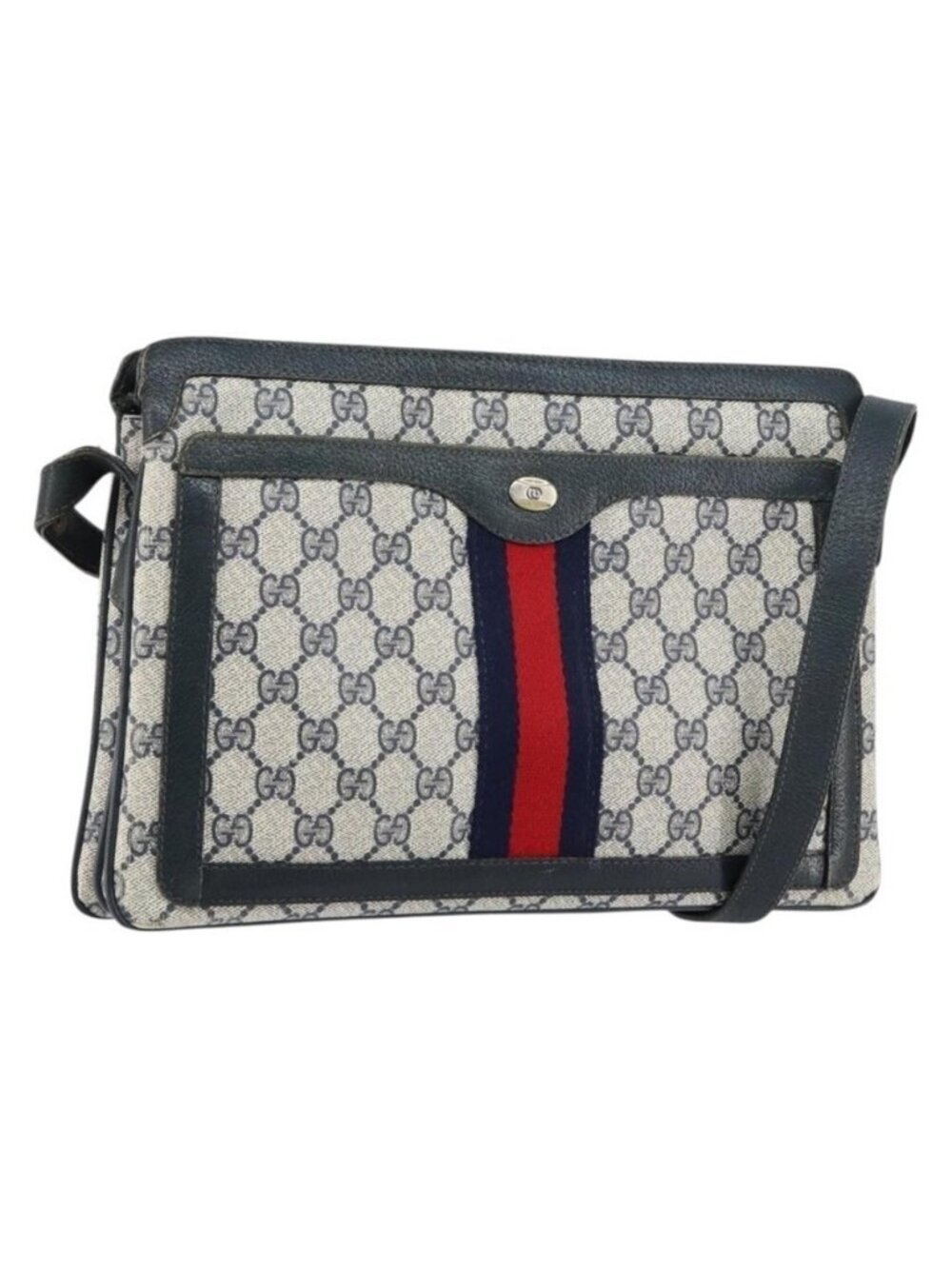 Authentic GUCCI GG Supreme Sherry Line Shoulder Bag PVC Navy Gold 14 02 013