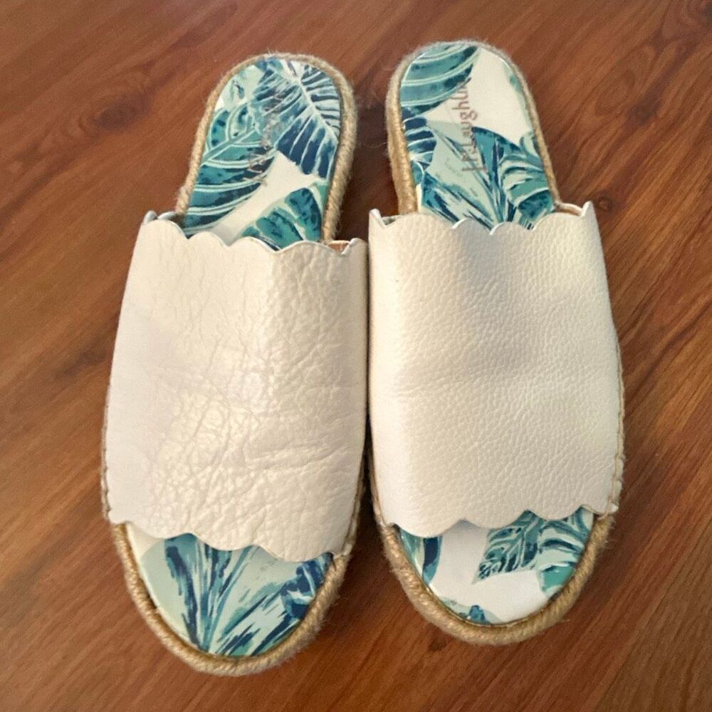 J. McLaughlin Aeries white genuine leather slides with palm print insole espadri