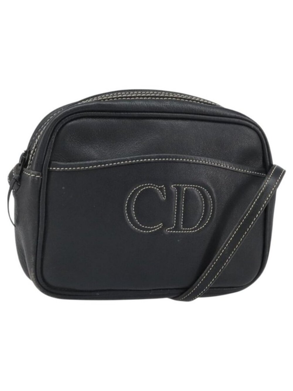 Authentic Christian Dior Shoulder Bag Leather Navy Gold