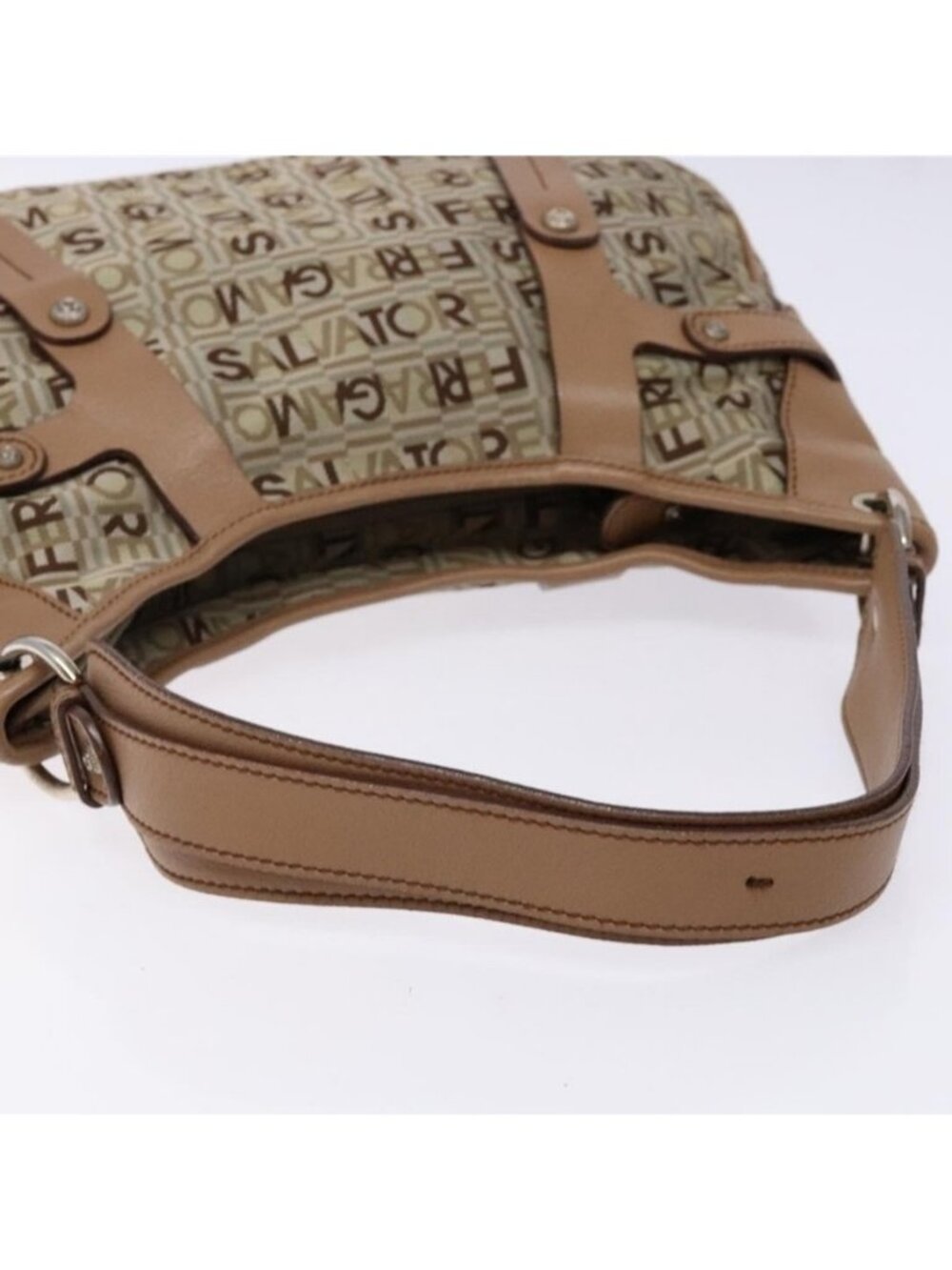Authentic Salvatore Ferragamo Shoulder Bag Canvas Leather Beige Silver - Picture 2 of 16