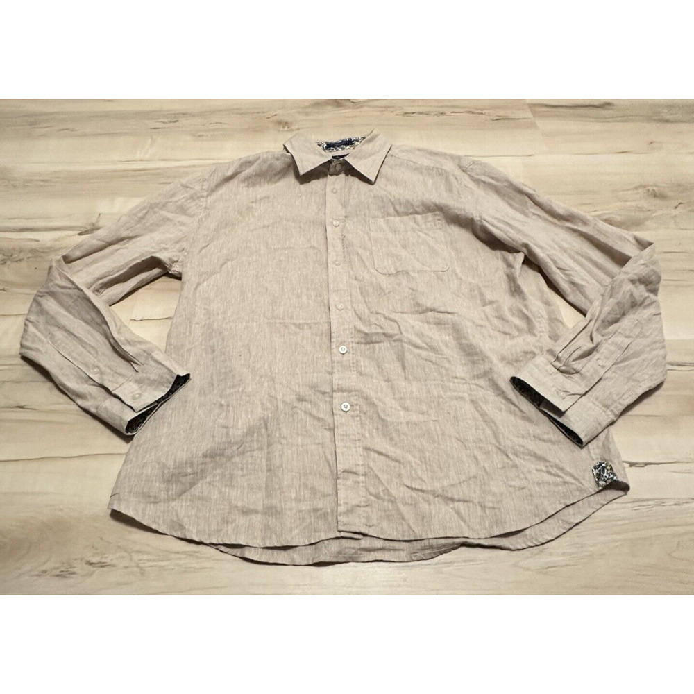 Alan Flusser Men XL Shirt Cotton‎ Linen Button Down Beige
