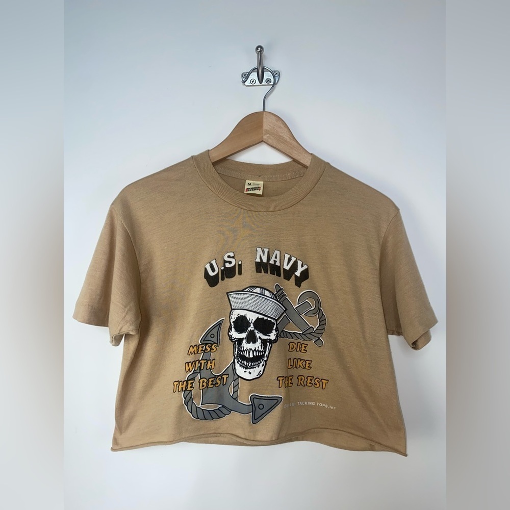 Screen Stars Tan U.S. Navy Skull Crop Top