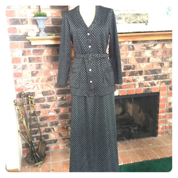 VINTAGE Maxi Skirt Suit Black and Silver